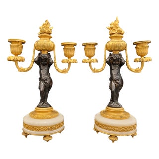 19th Century Putti Candlesticks in Bronze, Ormolu and Marble, France, 1890s, Set of 2 For Sale