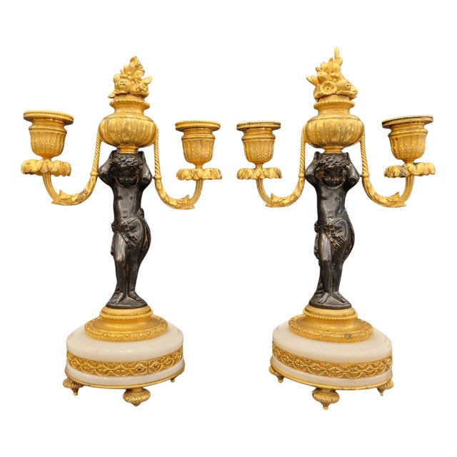 19th Century Putti Candlesticks in Bronze, Ormolu and Marble, France, 1890s, Set of 2 For Sale