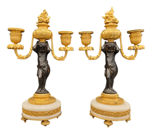 19th Century Putti Candlesticks in Bronze, Ormolu and Marble, France, 1890s, Set of 2