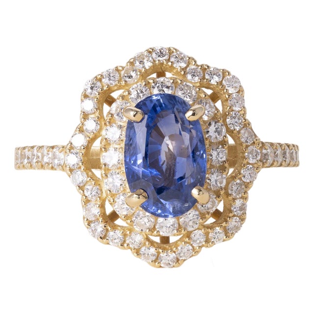18k Gold 2.01 Carat Sapphire Oval and Diamond Floral Halo Ring, Size 6.5 For Sale