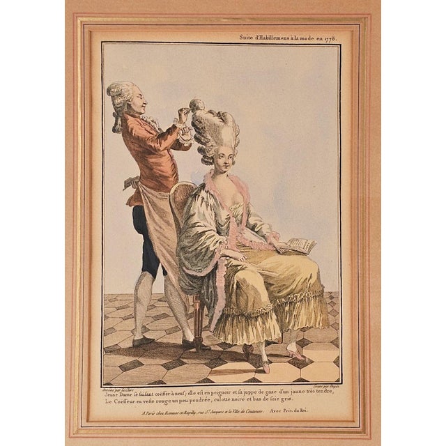 An 18th-century French hand-colored engraving, humorously depicting the pursuit of beauty.