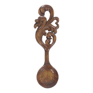 Early 20th Century Hand Carved Wood Spoon Folk Art Treen Welsh Love Spoon For Sale