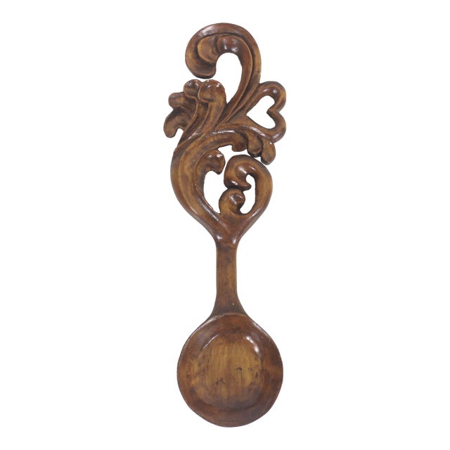 Early 20th Century Hand Carved Wood Spoon Folk Art Treen Welsh Love Spoon For Sale