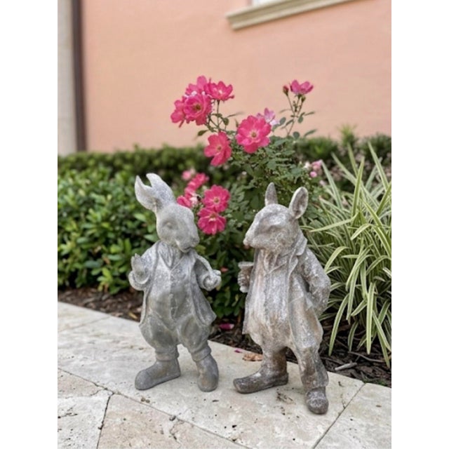 A Pair of Vintage Cast Iron Anthropomorphic Hare and Mouse Garden Statues For Sale - Image 10 of 12