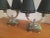 Pair of 1930s Art Deco period lamps. Tiered base in green onyx and amber, two lamps on either end of a curved arm in...