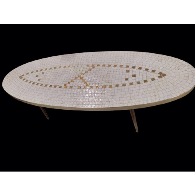 Vintage Mid-Century Modern Oval Mosaic White Bronze Tile Coffee Table For Sale - Image 9 of 12