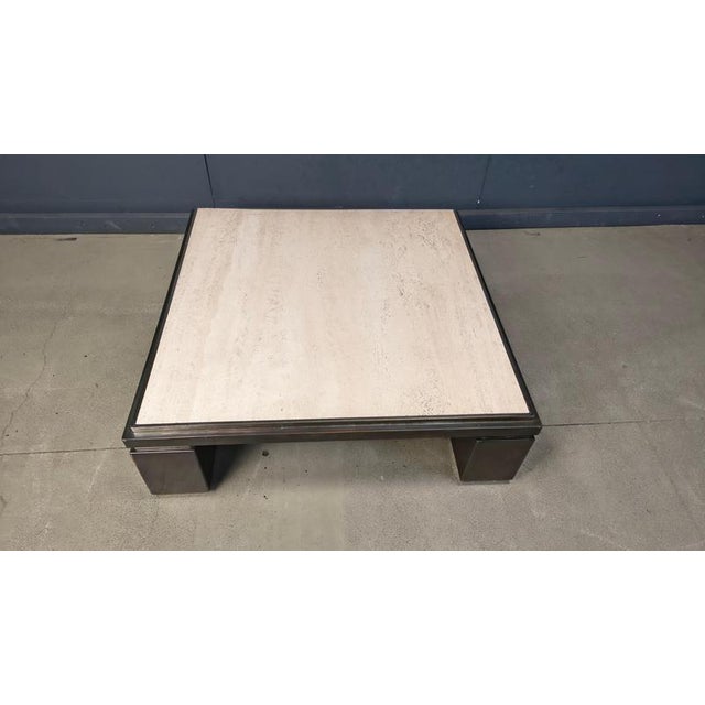 Vintage travertine top and copper base coffee table manufactured by Belgochrom in the 1970s. Beautiful natural travertine...