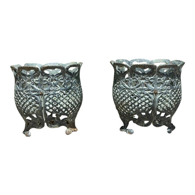 Matching Pair of Antique Victorian Cast Iron Reticulated/Lacework Planters For Sale