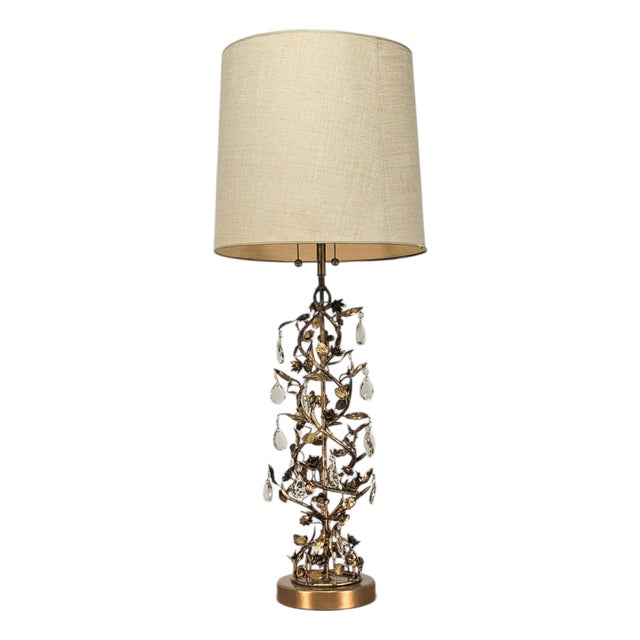 1950s–1960s Marbro Gilt Tole and Crystal Floral Vine Table Lamp For Sale