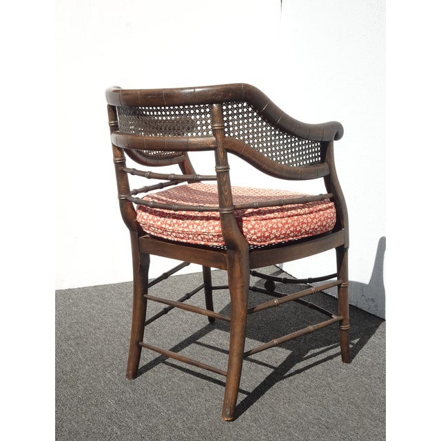 Vintage Polynesian Bamboo Cane Back Barrel Accent Chair W Cane Seat & Cushion For Sale - Image 12 of 17