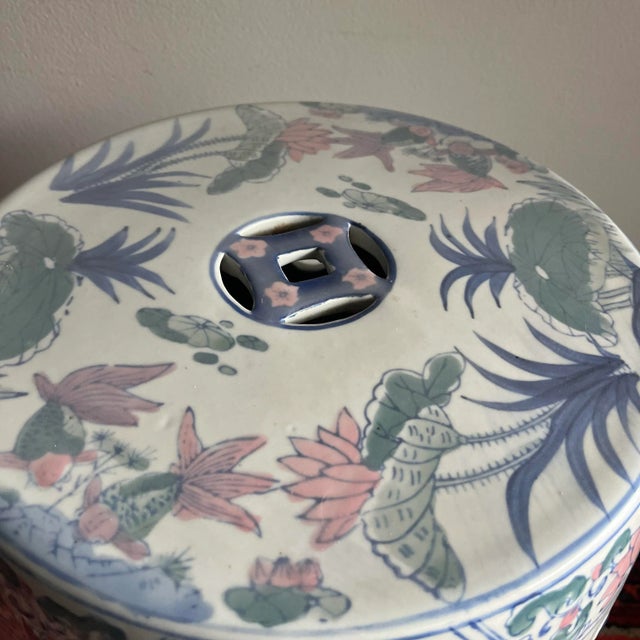 White Late 20th Century Garden Stool Chinoiserie Pastel Ceramic Pink Lotus For Sale - Image 8 of 10