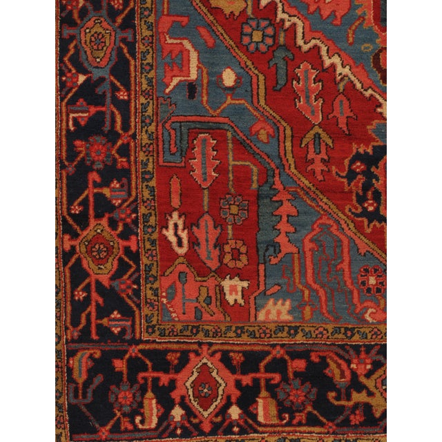 Antique Persian Serapi Carpet Handmade Wool Oriental Rug, Red, Ivory, Light Blue For Sale - Image 9 of 12