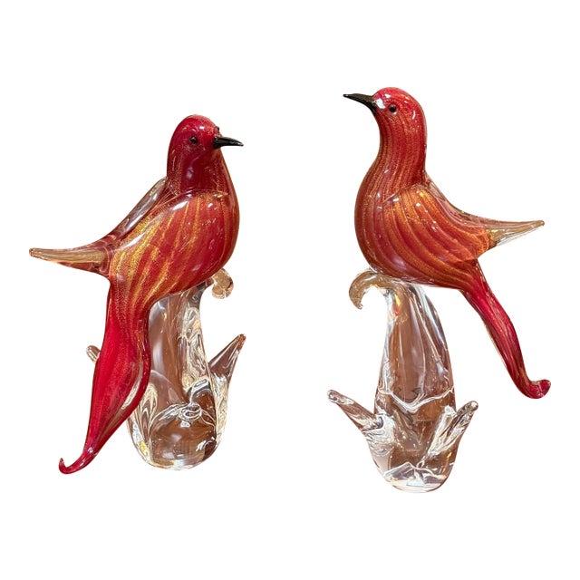Hand Blown Vintage Red + Gold Murano Bird Figurines, Set of Two For Sale