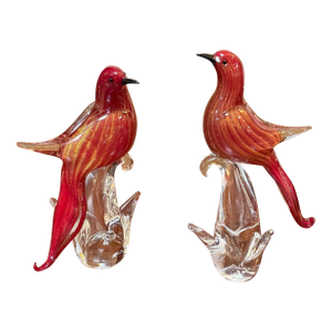 Hand Blown Vintage Red + Gold Murano Bird Figurines, Set of Two