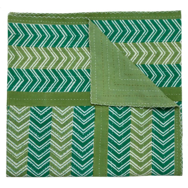 Contemporary Chevron Hand Stitched Quilt, Twin-XL - Green For Sale - Image 3 of 3