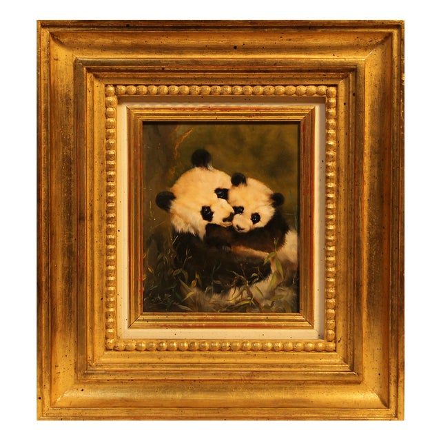 Wolfgang Kaiser, Panda Mother and Cub, 20th Century, Oil on Wood, Framed For Sale