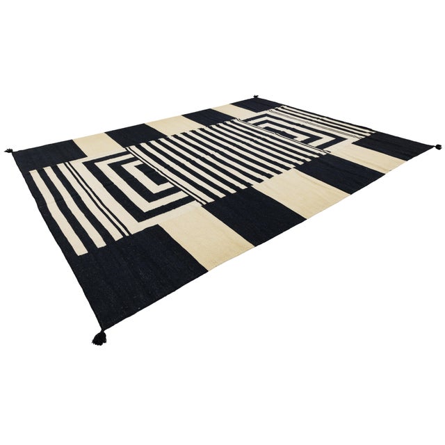 2020s Modern Navajo-Style Hand-Knotted Wool Rug – Black & Cream Graphic Geometric For Sale - Image 5 of 12
