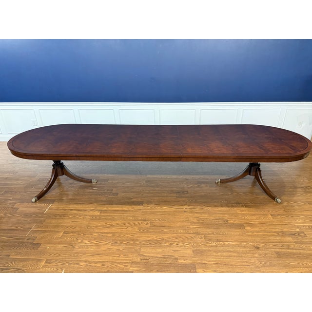 Traditional Traditional Oval Banded Mahogany Double Pedestal Dining Table by Leighton Hall -Showroom Sample For Sale - Image 3 of 18