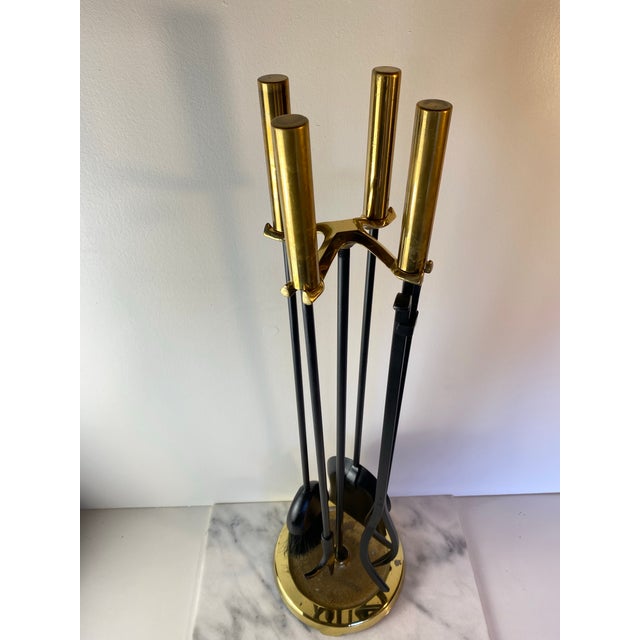 Mid 20th Century Modern Brass and Black Metal Fireplace Tool Set 4-Piece With Stand For Sale - Image 5 of 9