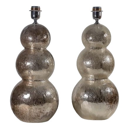 Vintage Silver Mirrored Murano Table Lamps, Set of 2 For Sale