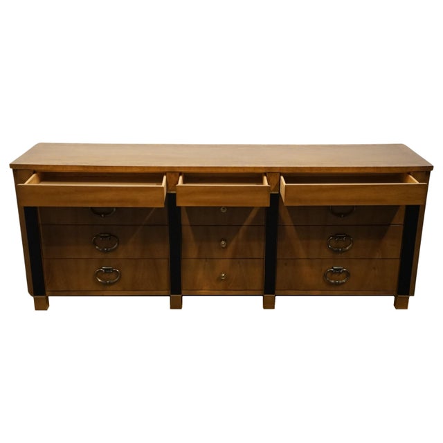 Late 20th Century American of Martinsville Banded Walnut British Imperial 80" Triple Dresser 6106-2 For Sale - Image 5 of 12