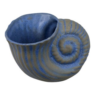 Seaside Chic Blue Glazed Pottery Nautilus Shell Planter For Sale