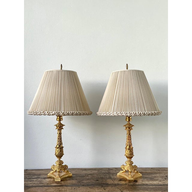 Vintage Empire Gilt Candlestick Lamps - A Pair For Sale - Image 10 of 12