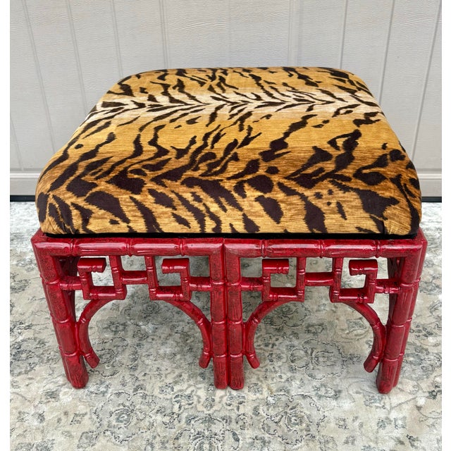 Wood 1970s Vintage Chinoiserie Red Ottoman With Tiger Fabric Upholstery For Sale - Image 7 of 12