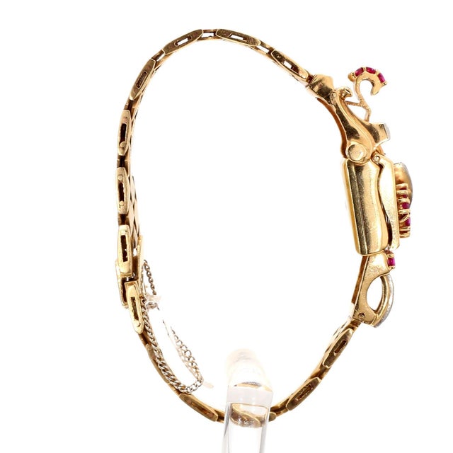 Mid 20th Century Mercedes Signed 14k Gold Ruby & Diamond Art Deco Hidden Watch Bracelet For Sale - Image 10 of 14