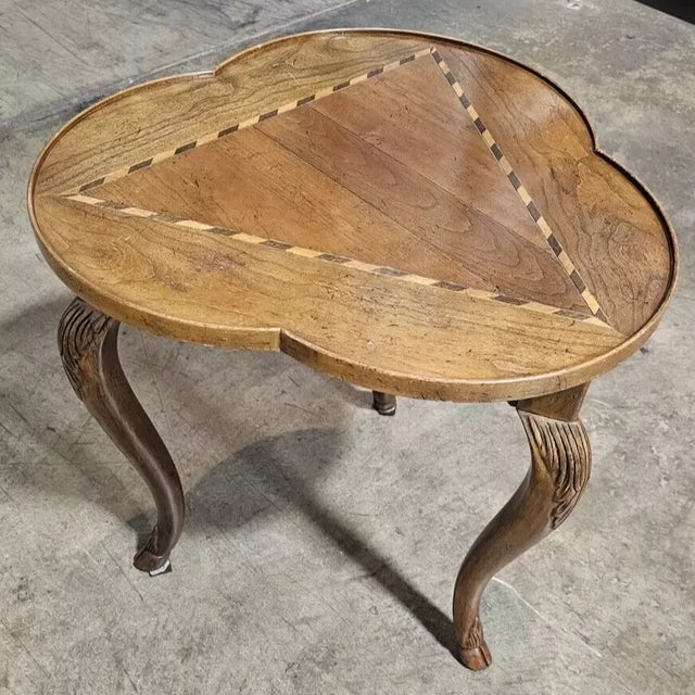 Store Item: Baker Furniture Mahogany Clover Occasional Table with Top Checker Inlay Description: Table features three...