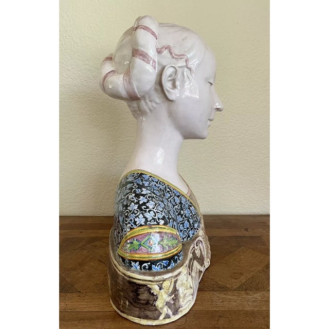 Blue Late 19th Century Antique Angelo Minghetti Majolica Italian Woman Bust After Francesco Laurana For Sale - Image 8 of 12