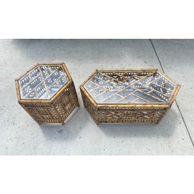 Tan 1970s Vintage Rattan Coffee Table, Brighton Pavilion Style Fretwork For Sale - Image 8 of 9