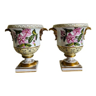 Vintage Chelsea House Neoclassical Urn Style Hand Painted & Gold Planters ~ a Pair For Sale