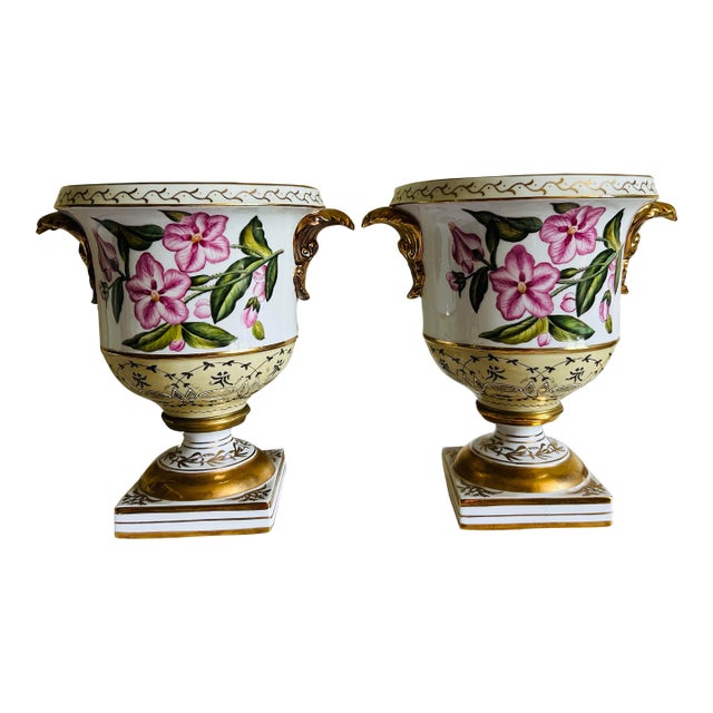 Vintage Chelsea House Neoclassical Urn Style Hand Painted & Gold Planters ~ a Pair For Sale