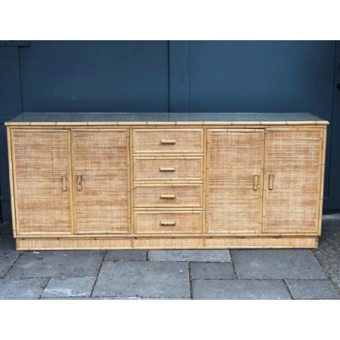 Mid Century rattan and bamboo sideboard, Italy, 1970s Large and impressive sideboard, wooden structure with rattan and...
