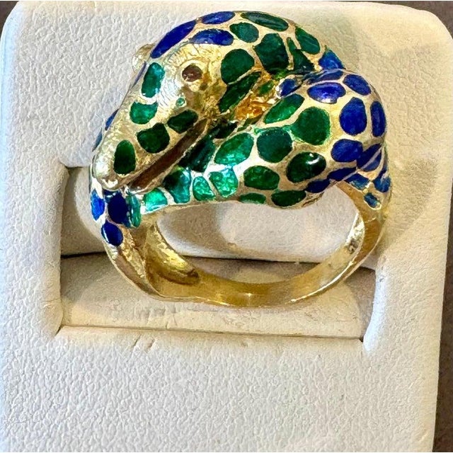Blue & Green Enamel Snake Animal Cocktail Ring in 18 Karat Yellow Gold Size 5. Beautiful piece in excellent condition.