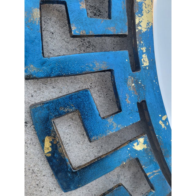 Blue Vintage Iron Greek Key Custom Finished Huge Metallic Blue Gold Leaf Wall Mirror Round For Sale - Image 8 of 9