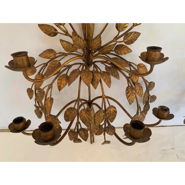 Italian Gilded Iron & Tole Leaf Motife Candelabra Sconces -A Pair For Sale - Image 9 of 10
