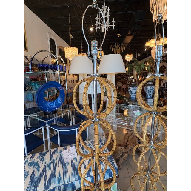 Vintage Modern Italian Bamboo & Chrome Floor Lamps Newly Wired - Pair For Sale In West Palm - Image 6 of 13