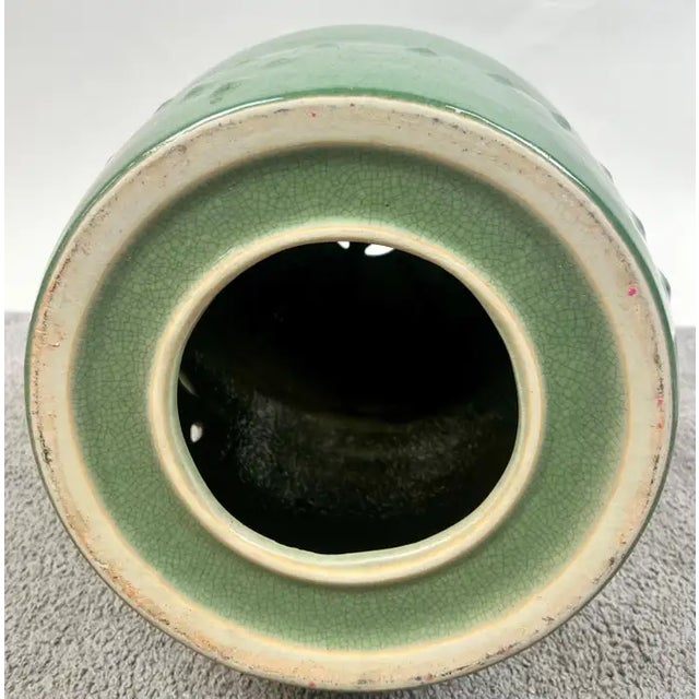 Vintage Chinoiserie Emerald Green Glazed Ceramic Drum Garden Stool or Pedestal For Sale - Image 11 of 11