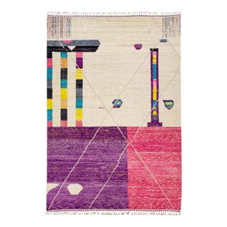 Ivory Moroccan Berber Style Handmade Abstract Wool Rug For Sale