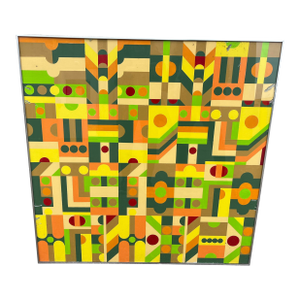 Vintage Mid Century Modern Large Abstract Geometric Bauhaus Mosaic Oil Painting