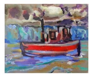 The Red Boat, Figurative Oil on Linen, Rich Bold Colors, Abstract Style, 2012