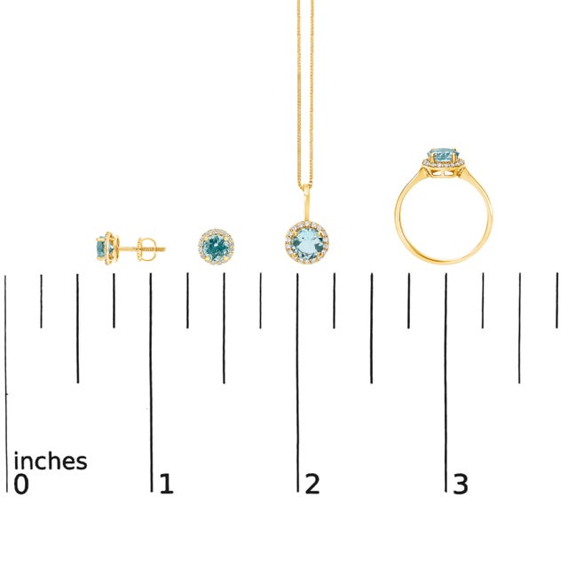 10K Yellow Gold Blue Aquamarine and 3/8 Cttw Diamond Halo Jewelry Set (Earrings, Pendant & Ring) For Sale In New York - Image 6 of 6