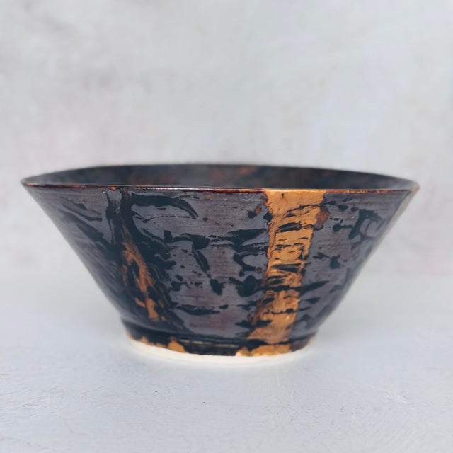 Abstract Expressionism Signed Studio Pottery Bowl | j.a. Ridley 2013 | Drip Glaze Stoneware | Bronze & Black Oil-Spot Glaze | Large Centerpiece Bowl For Sale - Image 3 of 12