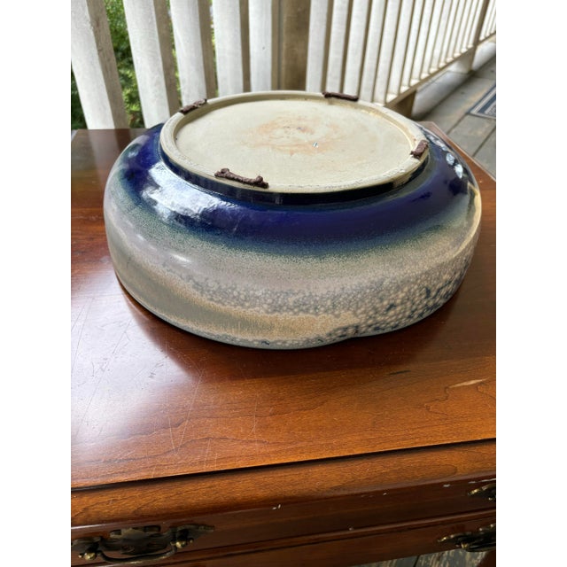 John-Richard Large Reactive Blue and Cream Shallow Pottery Bowl Coastal For Sale - Image 4 of 12