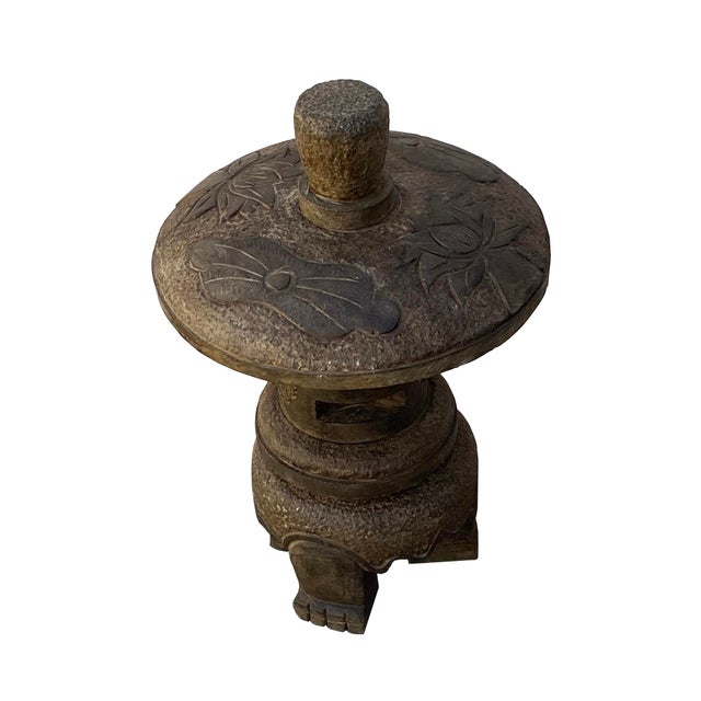 24" Distressed Stone Round Lotus Pattern Stack Lantern Display Art For Sale - Image 4 of 6