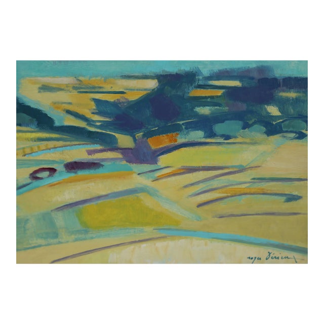 Abstract Teal Landscape, Roger Derieux Oil on Paper Mounted to Canvas, Signed L.r. For Sale