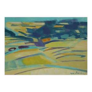 Abstract Teal Landscape, Roger Derieux Oil on Paper Mounted to Canvas, Signed L.r.