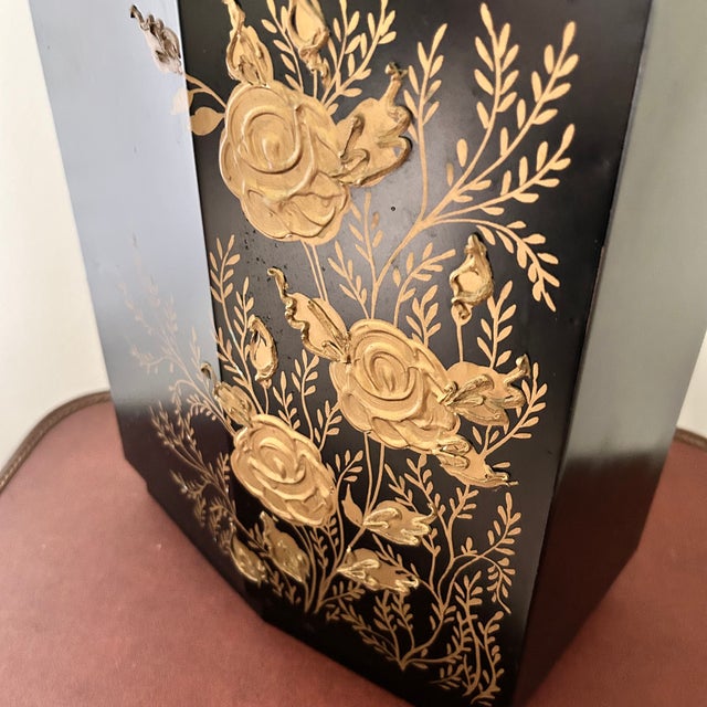 Hollywood Regency Vintage Wolff Black & Gold Floral Toleware Wastebasket For Sale - Image 3 of 14